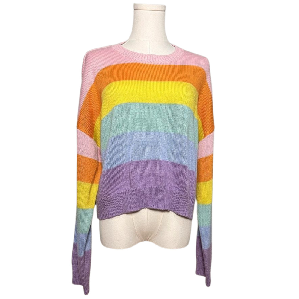 Forever 21 Pastel Rainbow Striped Lightweight Cropped Crew Neck Sweater Large